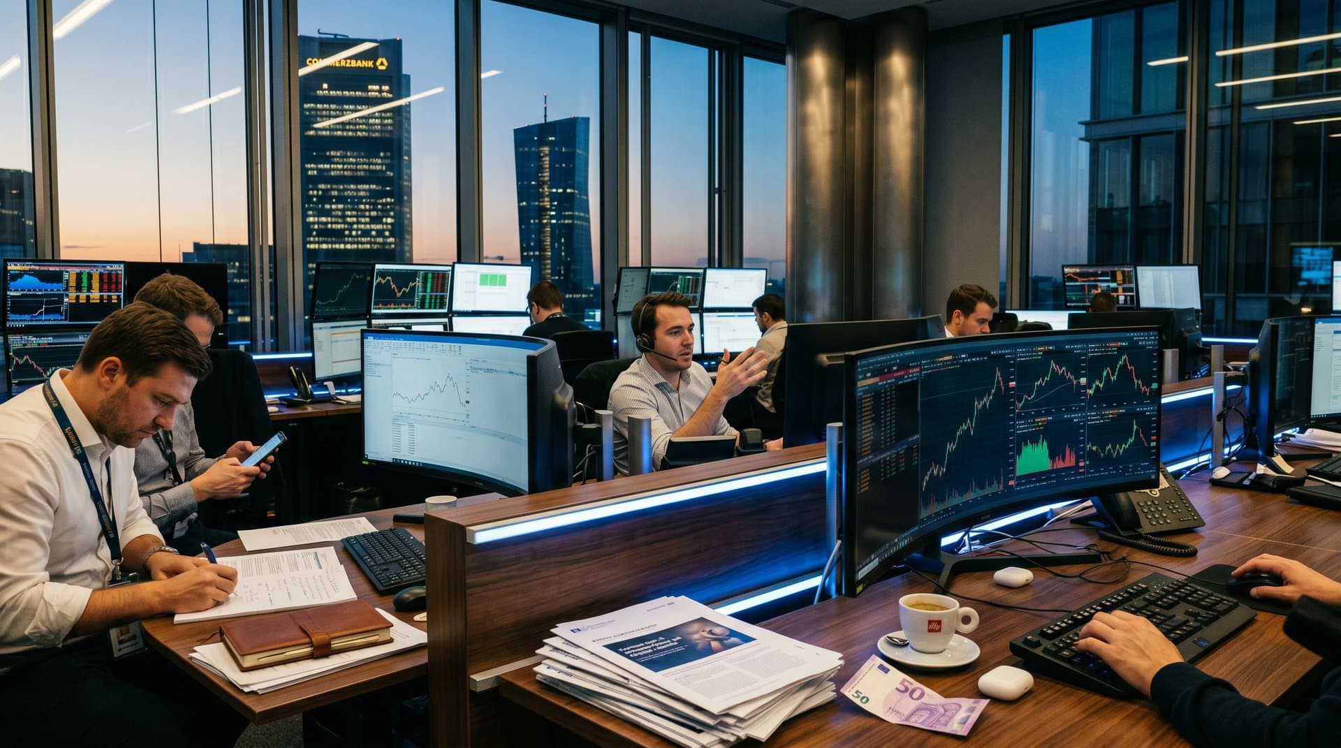 Trading-Desk mit Charts von AI-Aktien Microsoft, Alphabet, Oracle und Buffett-Zitaten in Frankfurt