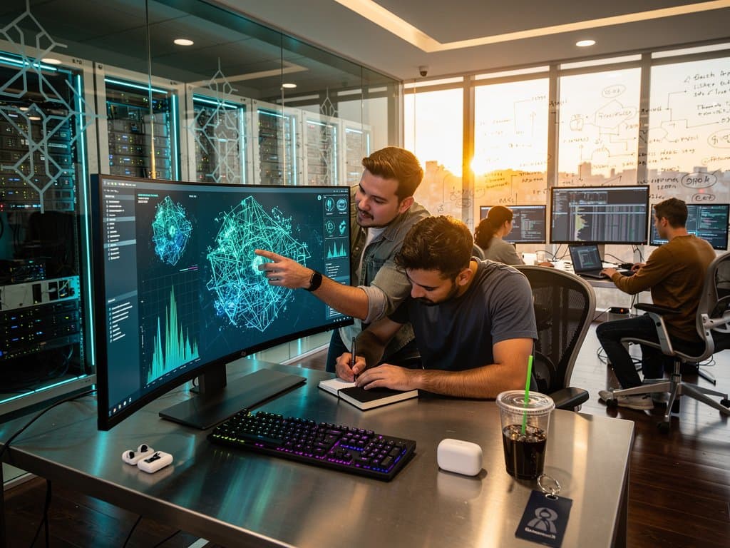 Futuristisches AI-Labor mit Monitoren, Servern und Code-Visualisierungen in dynamischer Tech-Atmosphäre