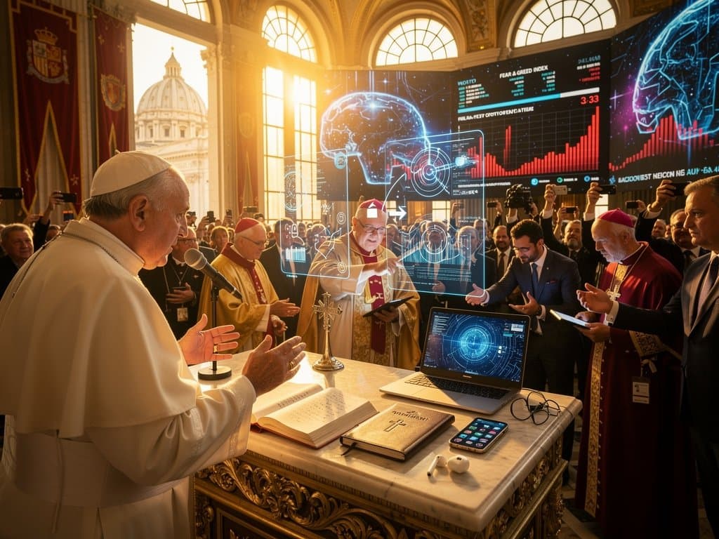 Vatikan-Szene mit KI-Ethik-Symbolen, Bibel, Laptop und Crypto-Charts vor Fear & Greed 33