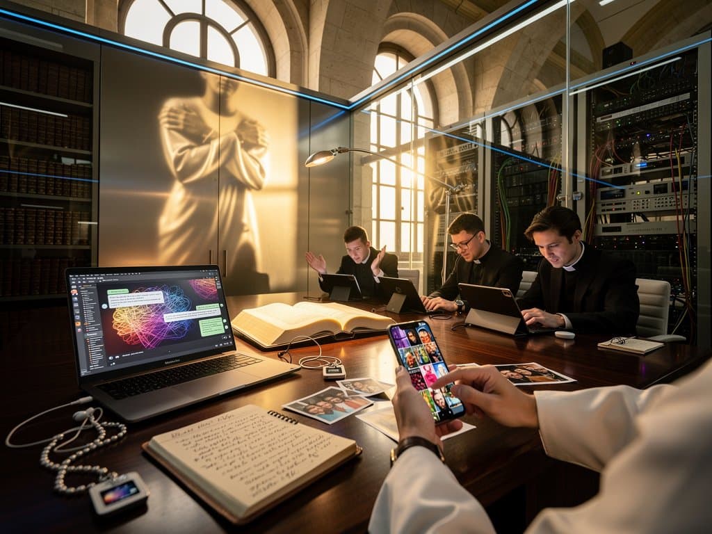 Vatikan-Büro mit Laptop, Gebetbuch und Kontrast zwischen KI-Bildschirmen und echten Freundschaftsfotos