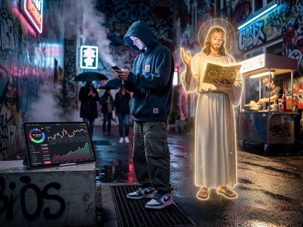 Junger Deutscher datet mit AI Jesus Hologramm und Crypto-Charts in Berlin