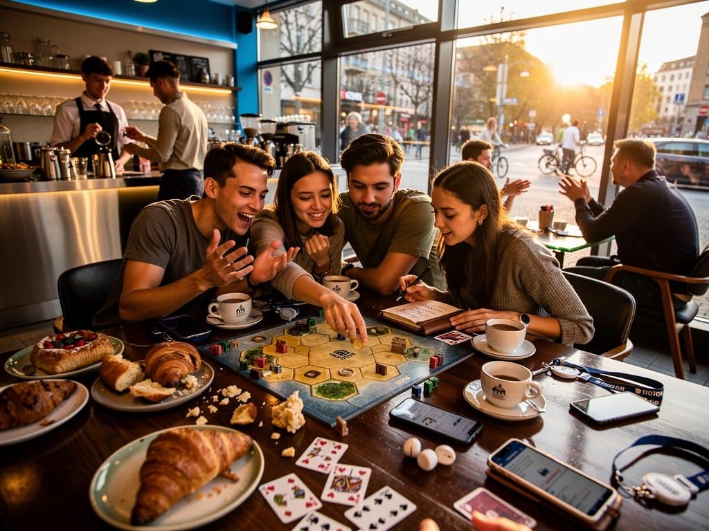 Junge Freunde in Café ignorieren Smartphones für echtes Gespräch, Papst-Poster im Hintergrund