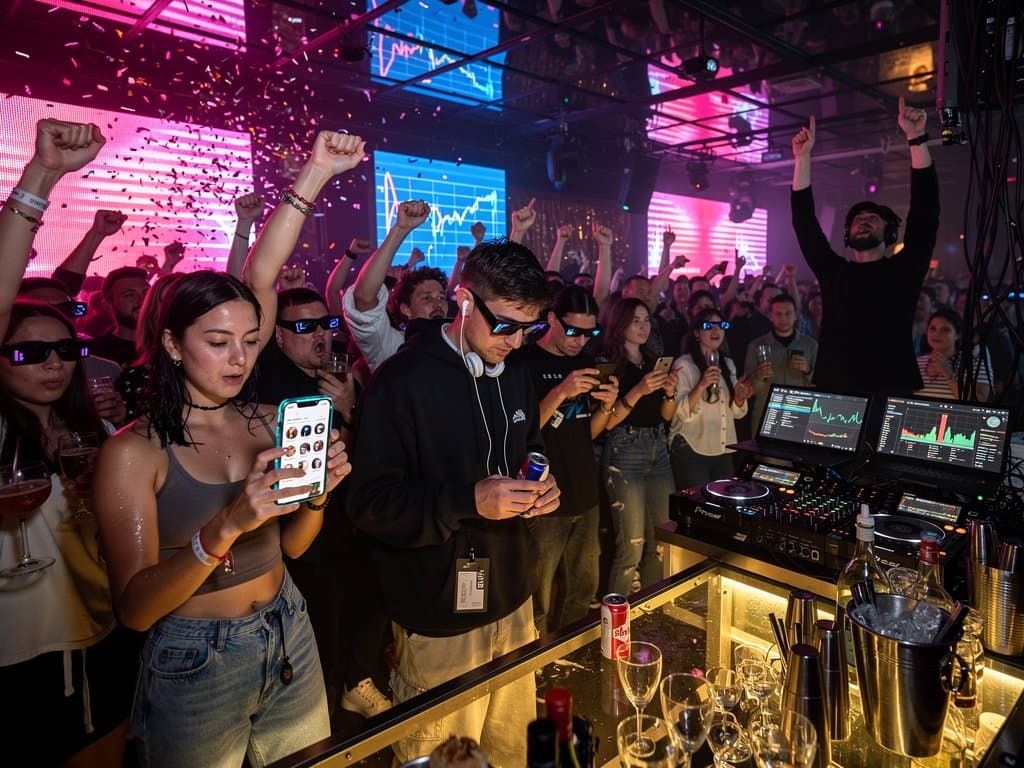 Junge Leute bei Party in Berlin mit Smartphones, KI-Dating-Apps und Nasdaq-Charts, Neonlichter und Event-Empfehlungen