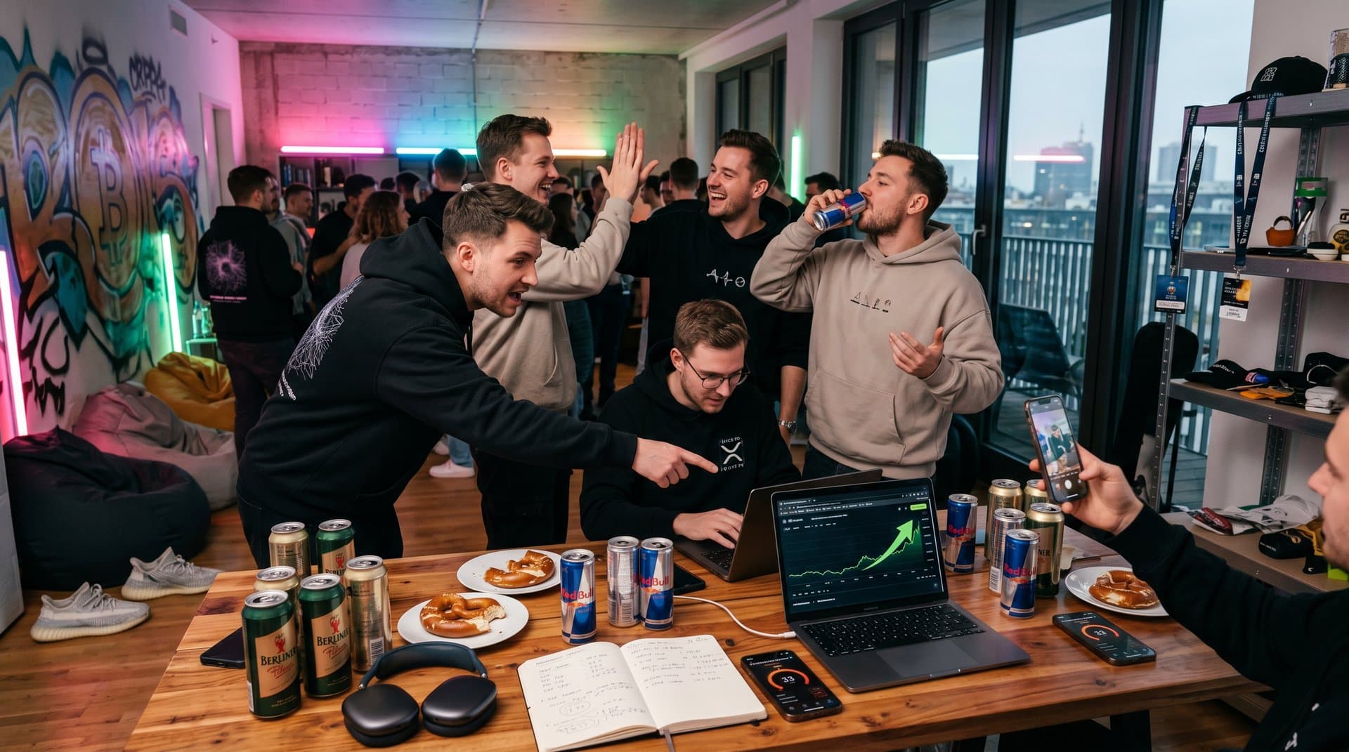 Berliner WG-Party-Setup mit XRP-Charts auf Laptop und Phones, Neonlichter und Bierdosen