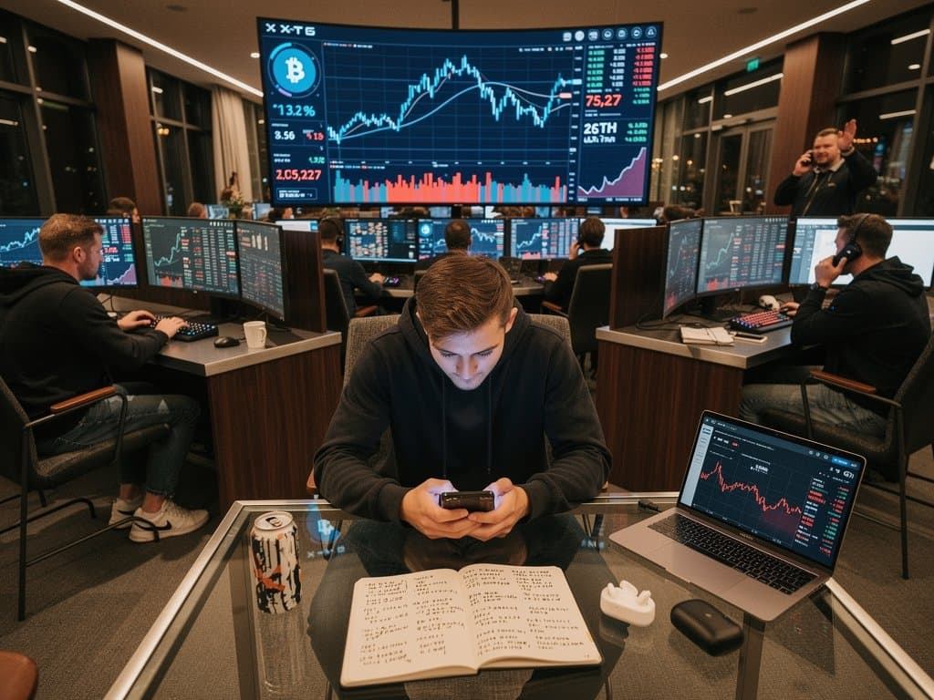 Junger Trader in Berliner Fintech-Lounge vor roten Krypto-Charts mit BTC 75.027 USD und Trade Republic App