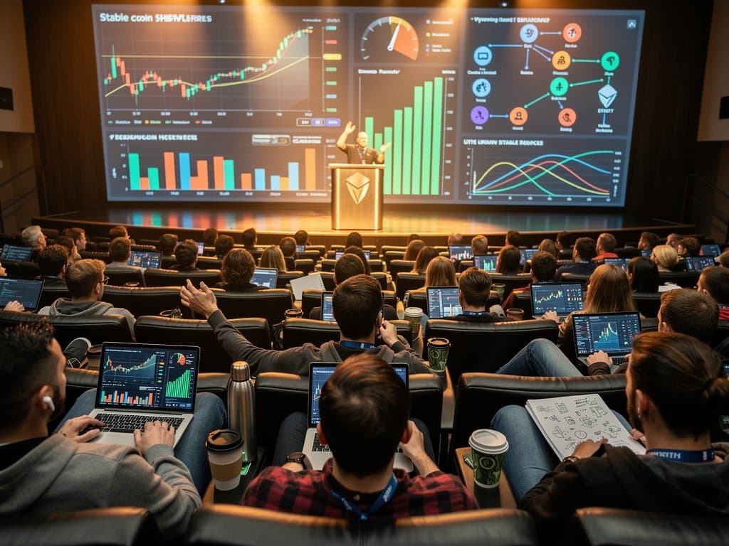 Crypto-Vortrag bei Eastern Wyoming College mit Wyoming Stable Token-Charts, jungen Zuhörern und Live-Preisen auf Bildschirmen