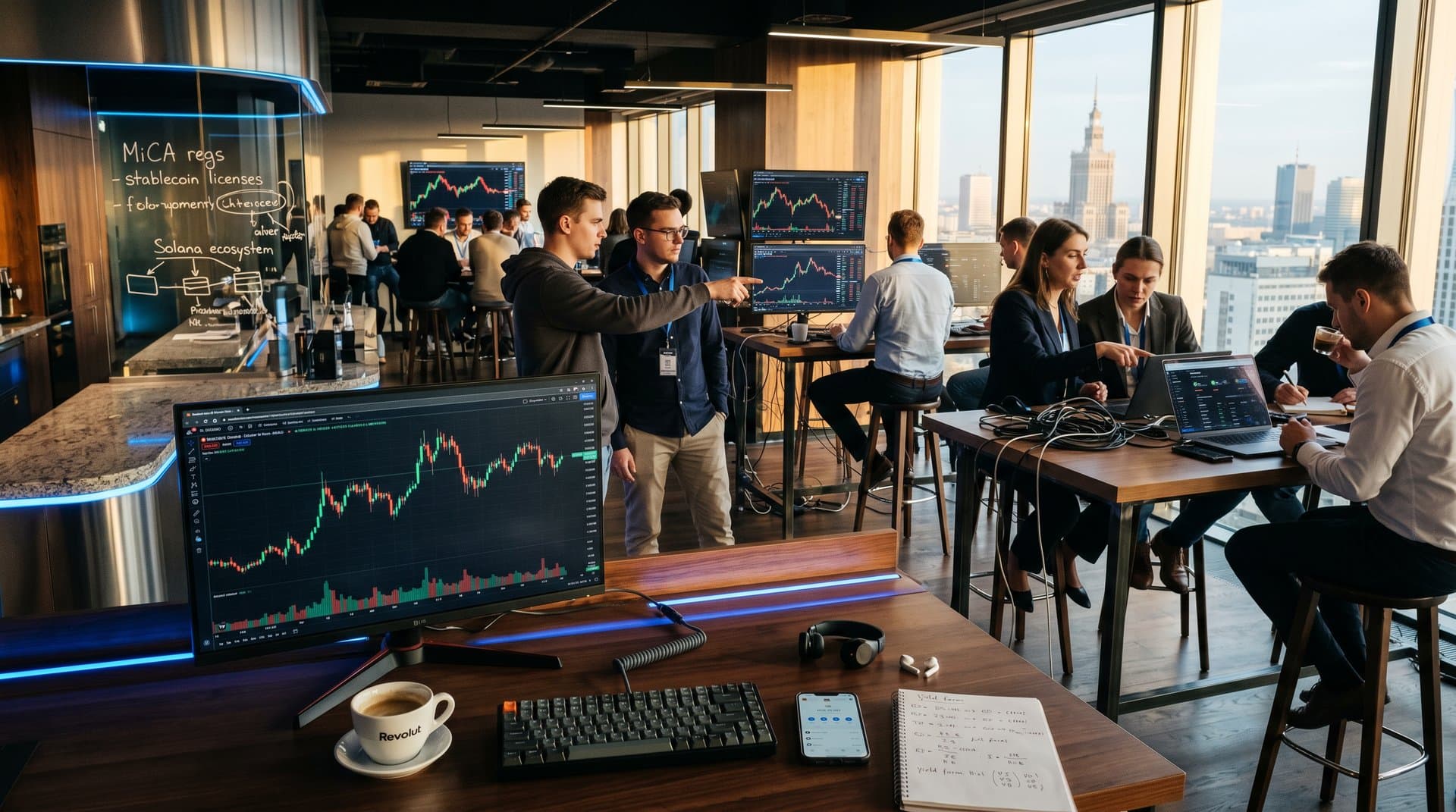 Crypto-Trading-Szene in Warschau mit Charts, Monitoren und Finanz-Apps auf Tischen
