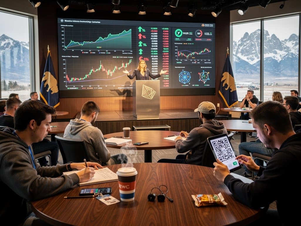 Konferenzbühne Eastern Wyoming College mit Crypto-Charts, Profis am Podium, Wyoming-Bergen und Stablecoin-Daten im Hintergrund