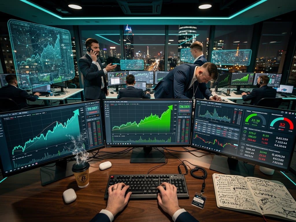 Abstraktes Trading-Setup mit Krypto-Charts von BTC, ETH, SOL und Fear & Greed Index in moderner polnischer Büro-Atmosphäre