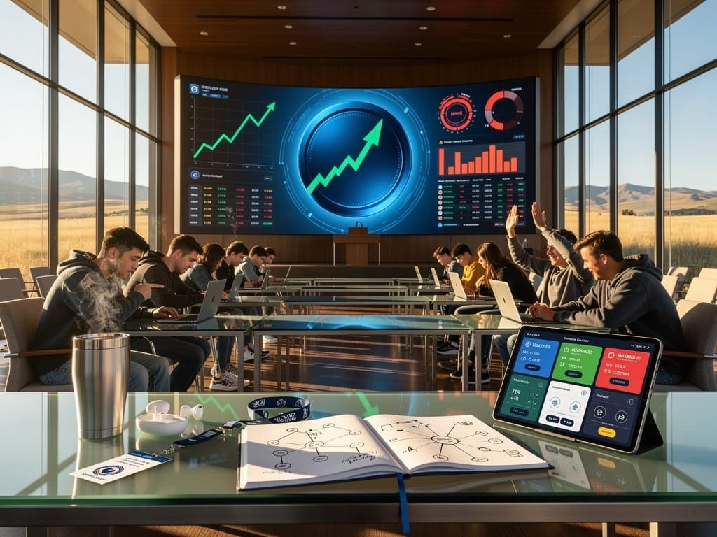 Blockchain-Grafiken und Wyoming Stable Token-Charts in modernem Auditorium, junge Zuhörer mit Laptops