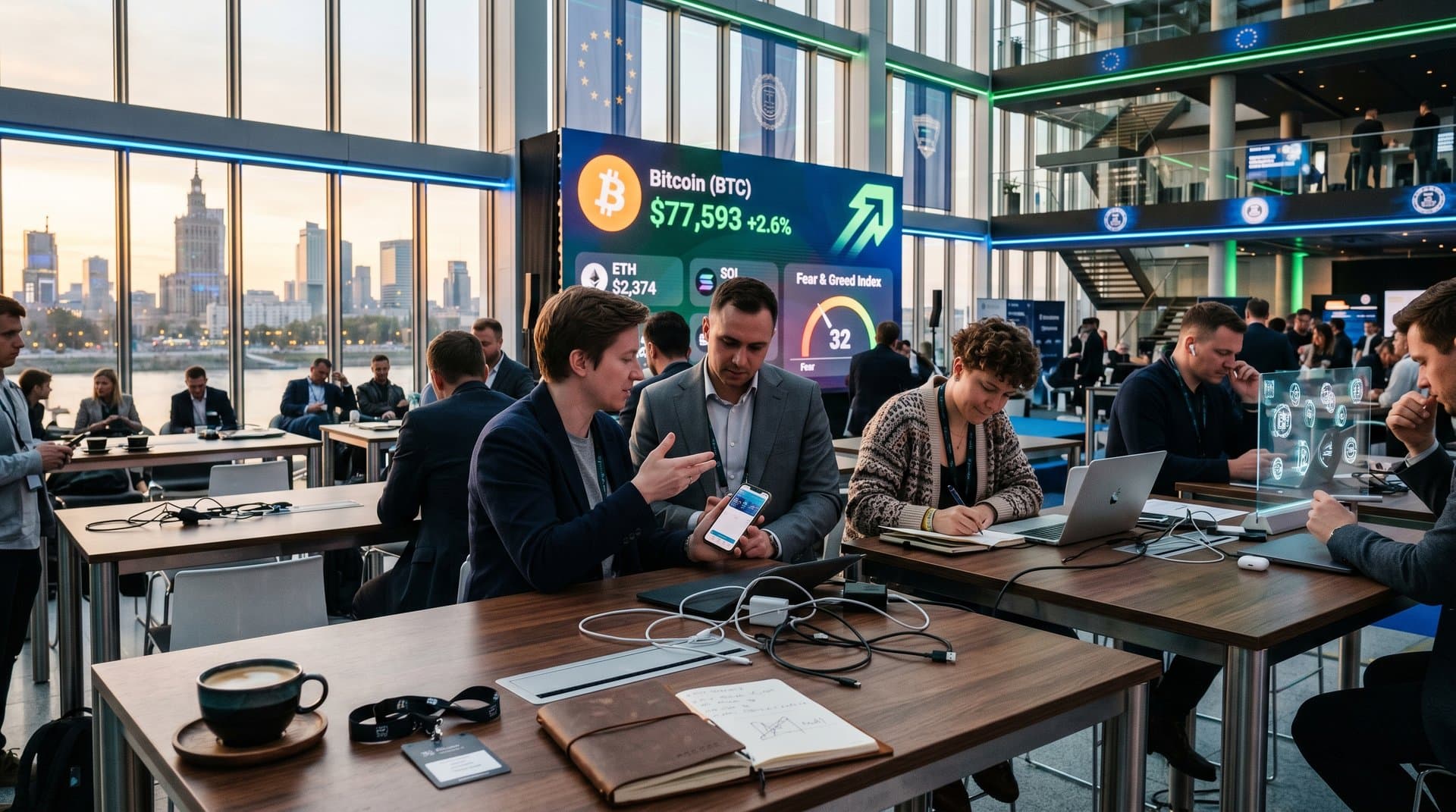 Tech-Conference mit Krypto-Charts, BTC-Preis und MiCA-Logos in futuristischem Design