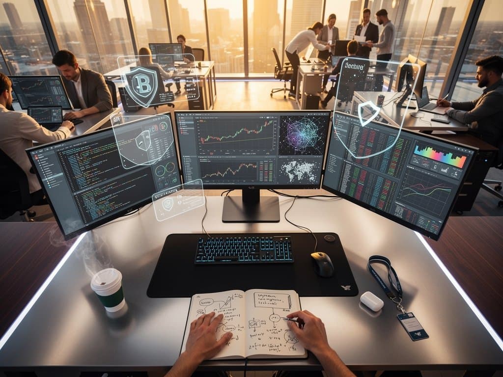 Futuristischer Tech-Desk mit Maus-Tracking-Heatmaps, Tastatur, KI-Netzwerken und Krypto-Charts in modernem Büro