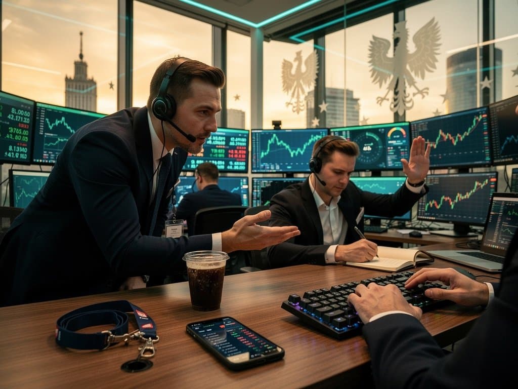 Trading-Szene mit Krypto-Charts BTC 78.015 USD, Fear & Greed 32, polnische und EU-Elemente